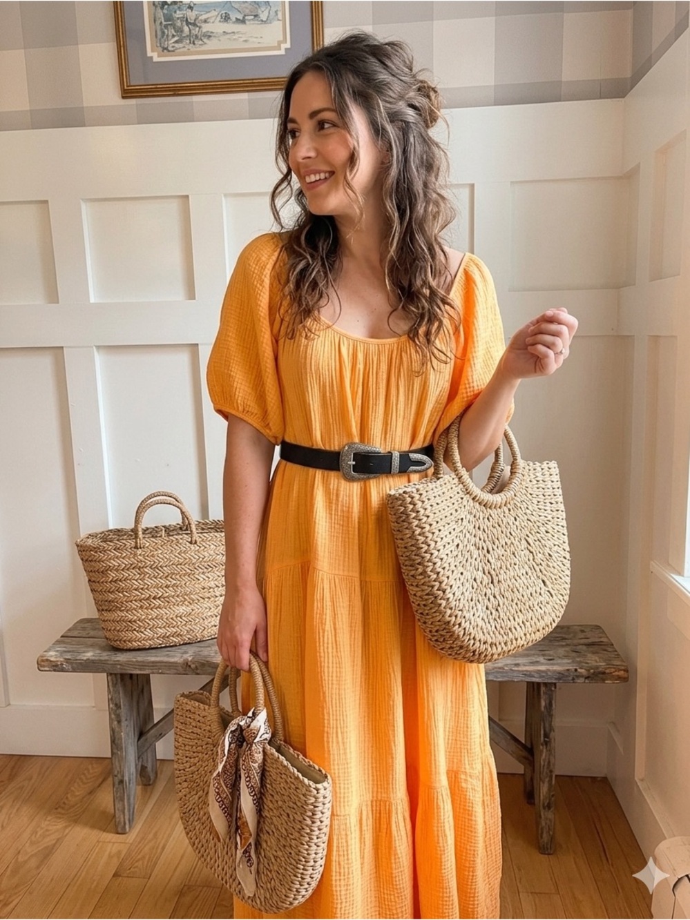 Sunlit Orange Maxi Dress with Puff Sleeves and Scoop Neck